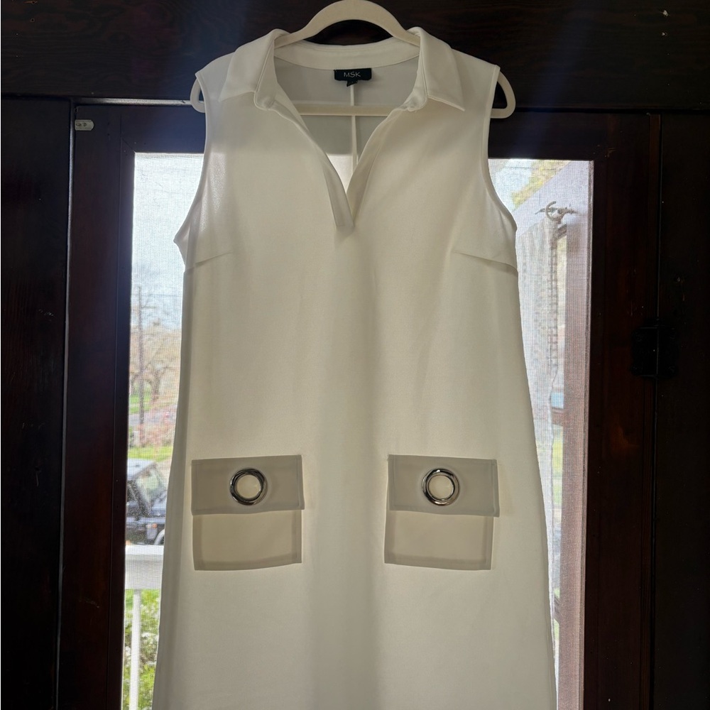 MSK  White Sleeveless Shift Dress with Decorative Pockets